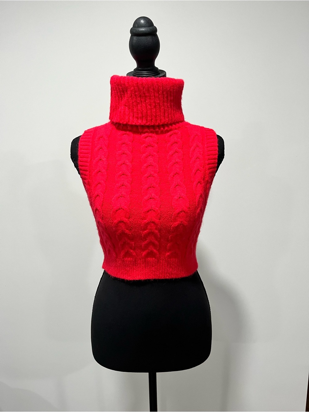 Cider Vibrant Red Cable-Knit Sleeveless Turtleneck Crop